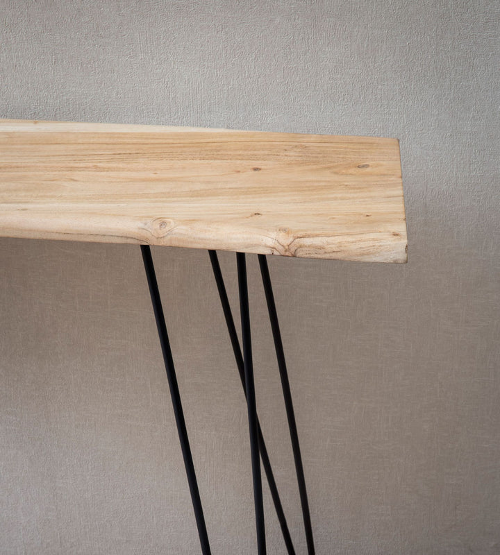 Konsolentisch – Akazie Massivholz, 150x36x75 cm, mit Baumkante, Haarnadelbeine, Metallgestell