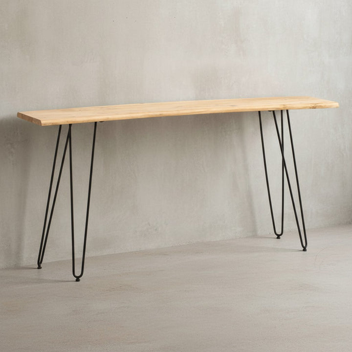 Konsolentisch 150x36x75 cm Akazie Massivholz Baumkante Anrichte Flur - Ablagetisch mit Haarnadelbeine Schmal Modern - Flurtisch Metallgestell - Dielentisch Lang Hoch_
