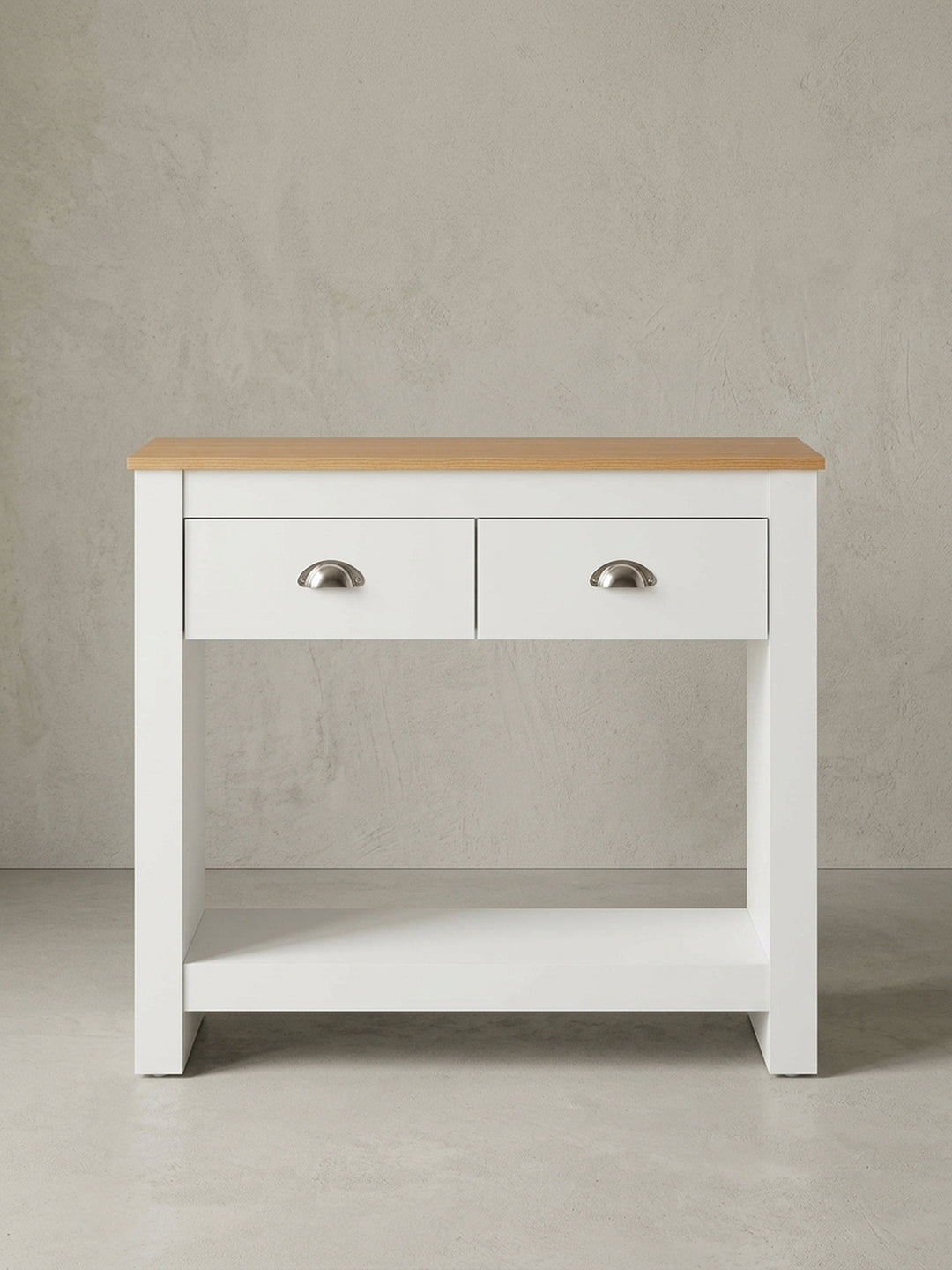 Moderner Konsolentisch in Weiß mit Eiche-Tischplatte, Frontansicht mit zwei Schubladen und silbernen Griffen, Maße 85x76 cm._