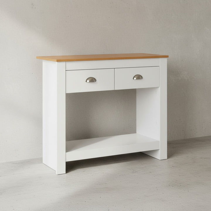 Konsolentisch Eiche-Weiß_ 2 Schubladen_ Offenes Fach_ Melaminharzbeschichtung - KADIMA DESIGN_Größe_ 85x35x76 cm_