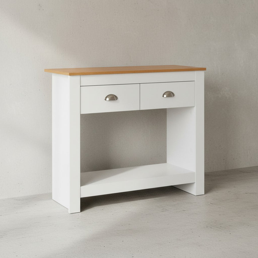 Konsolentisch Eiche-Weiß_ 2 Schubladen_ Offenes Fach_ Melaminharzbeschichtung - KADIMA DESIGN_Größe_ 85x35x76 cm_
