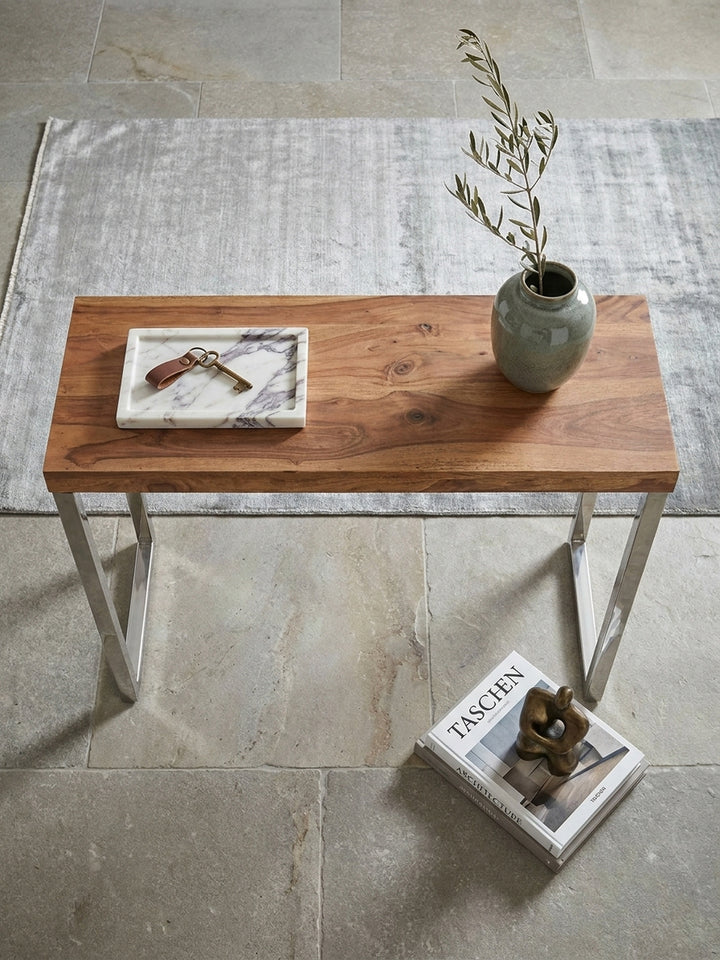 Konsolentische Akazie Massivholz natur 45x120x77 cm Wohnidee Home Office Einrichtungsidee stilvoll kombinieren mit Ablagefach Design Möbel Inspiration Wohnen Interior Zuhause Wohnzimmer_