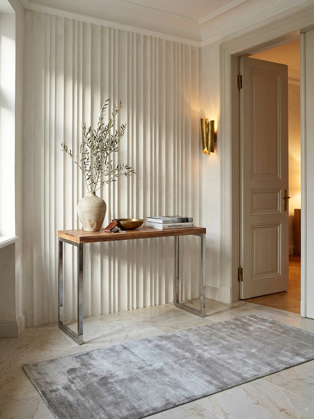 Konsolentische Akazie Massivholz natur Nahaufnahme honigfarbene Akazie-Maserung mit natürlicher Farbvariation und sichtbarer Holzstruktur mit Ablagefach Qualität Möbel Home Office Wohnen_