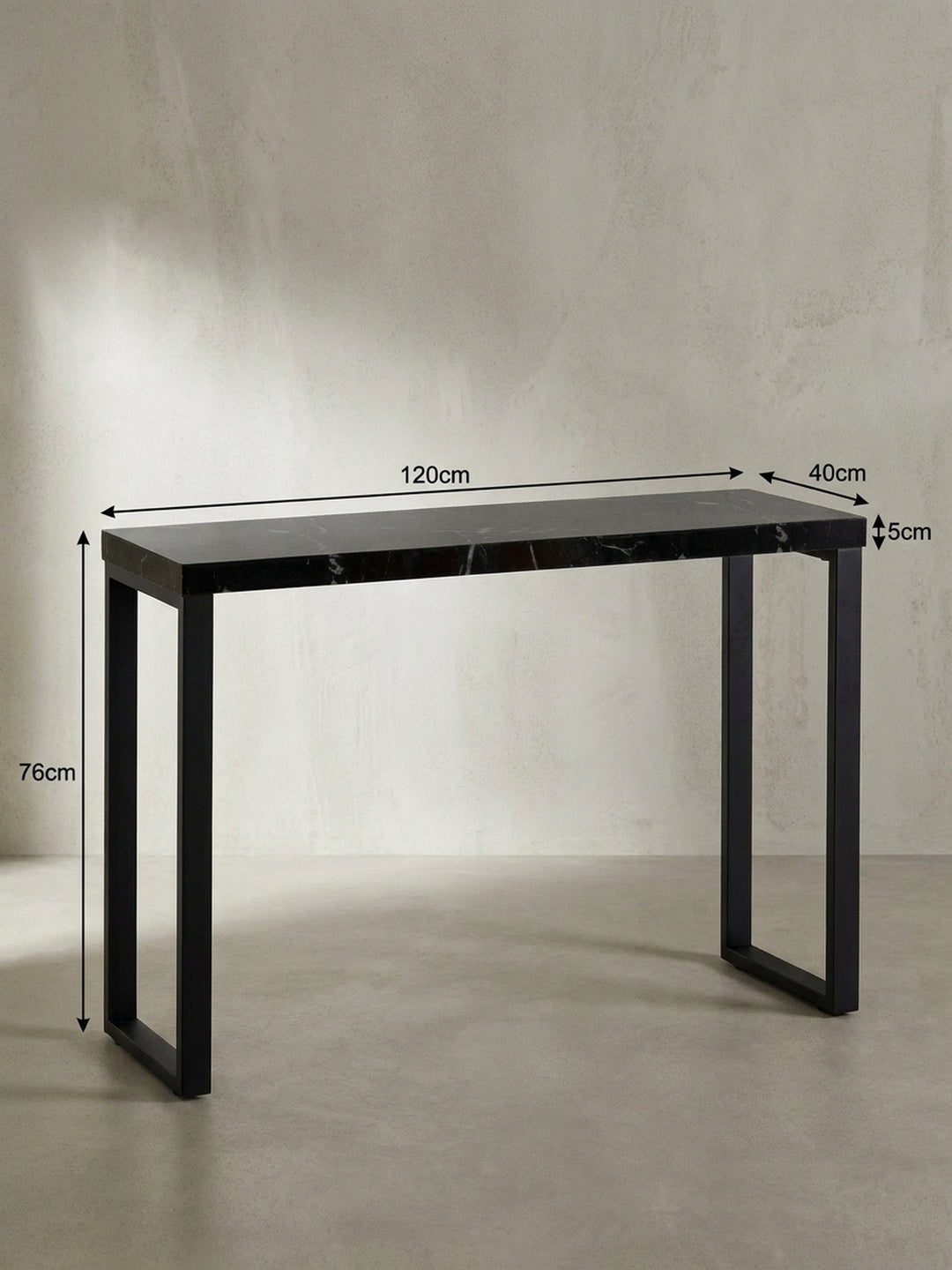 Technisches Bild des Konsolentisches mit exakten Maßangaben: Länge 120 cm, Höhe 76 cm und Tiefe 40 cm, für die perfekte Planung im Flur._