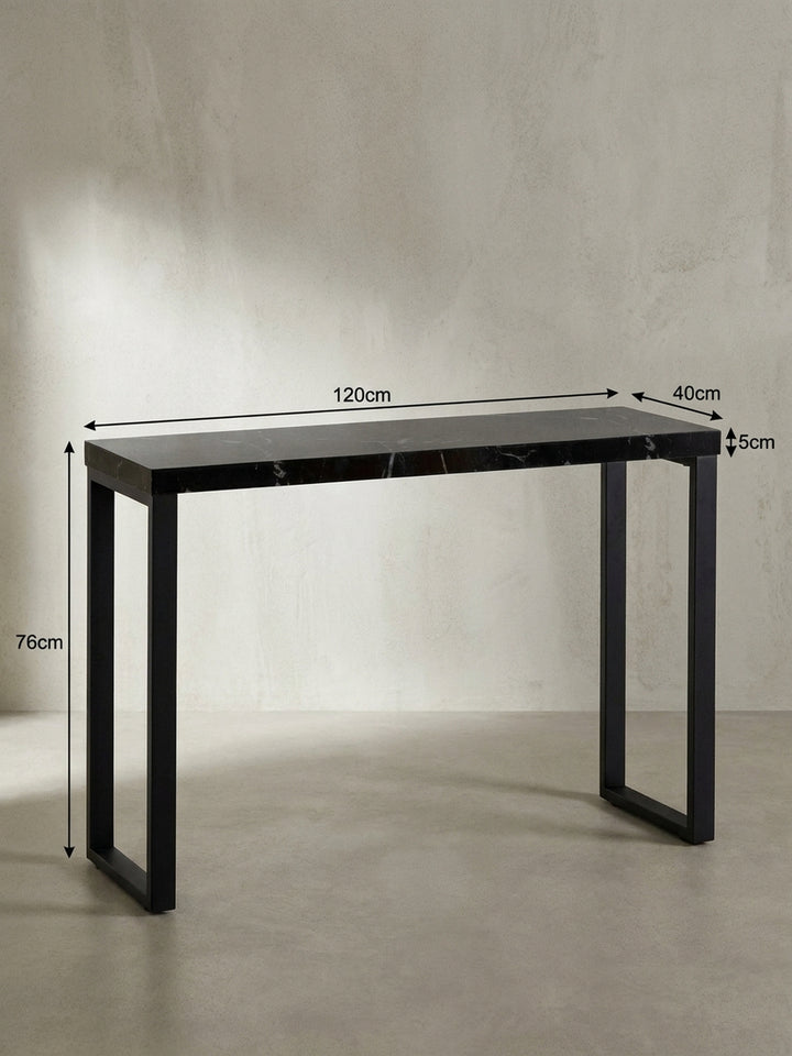 Technisches Bild des Konsolentisches mit exakten Maßangaben: Länge 120 cm, Höhe 76 cm und Tiefe 40 cm, für die perfekte Planung im Flur._