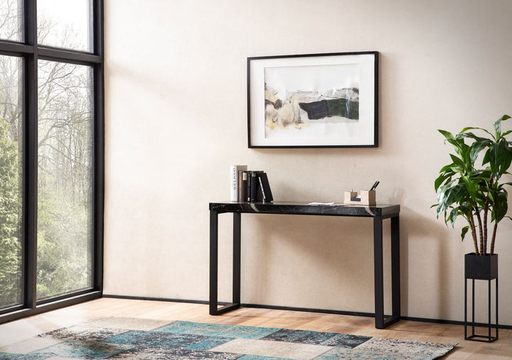 Konsolentisch – Marmoroptik Schwarz, 120x40x76 cm, Hochglanz, Metallbeine