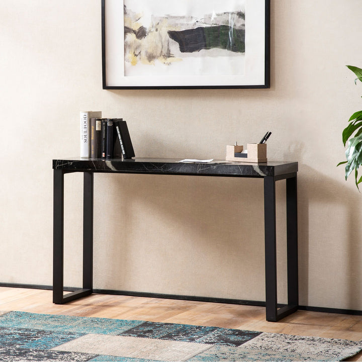 Konsolentisch – Marmoroptik Schwarz, 120x40x76 cm, Hochglanz, Metallbeine
