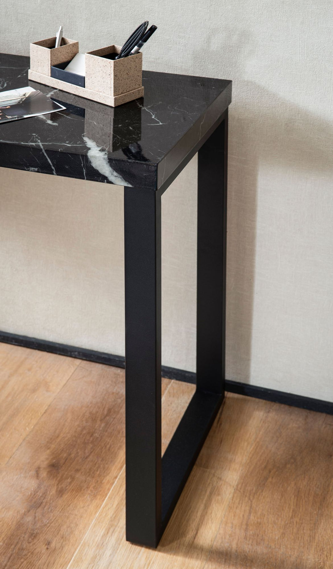 Konsolentisch – Marmoroptik Schwarz, 120x40x76 cm, Hochglanz, Metallbeine
