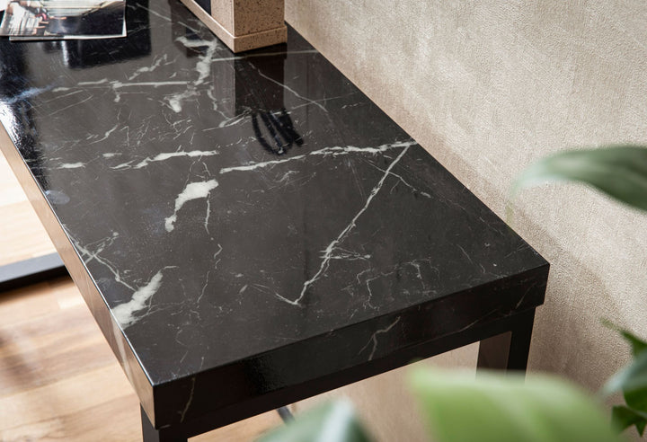 Konsolentisch Marmor-Optik Schwarz Hochglanz 120x40x76 cm Design Anrichte Flur - Ablagetisch Schmal - Flurtisch mit Metallbeine - Dielentisch Lang Hoch - Kleiner Schreibtisch_