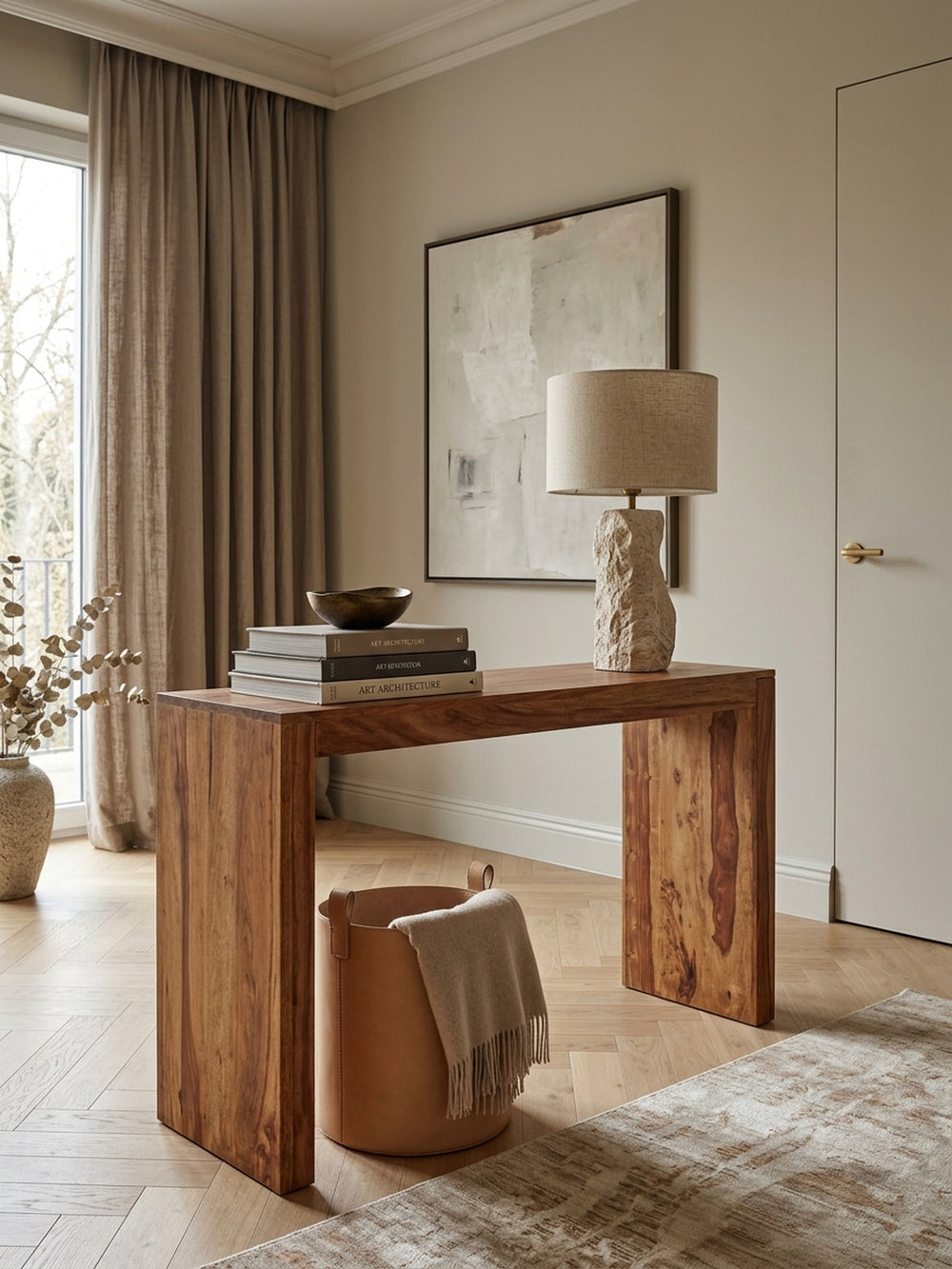 Konsolentische Sheesham Massivholz natur 40x115x75 cm in stilvoller Home Office-Einrichtung mit Dekoration und Accessoires aus der Vogelperspektive mit Ablagefach_