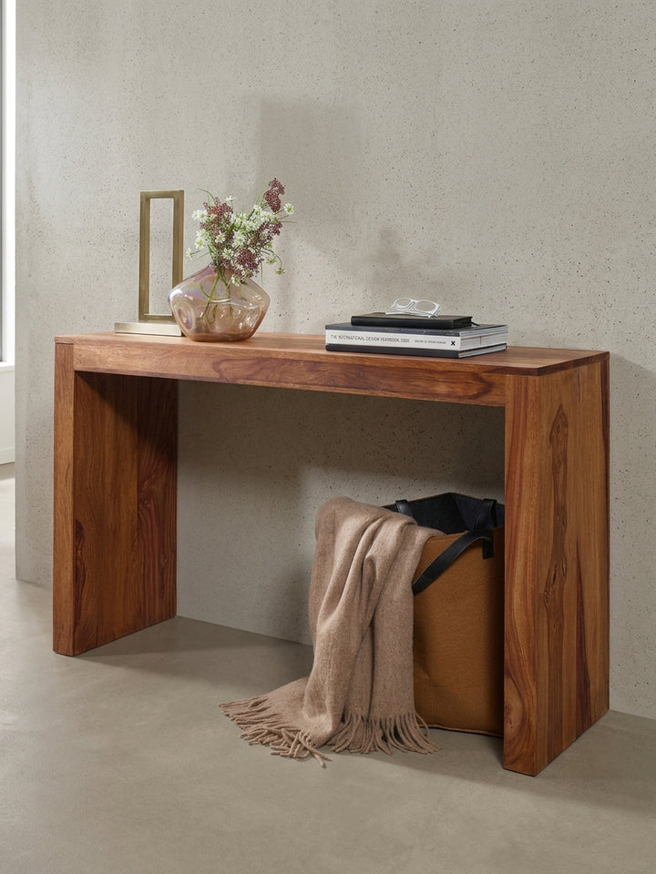 Seitenansicht Konsolentische Sheesham massiv natur mit sichtbarer Materialstärke und Konstruktionsdetails 40x115x75 cm mit Ablagefach_