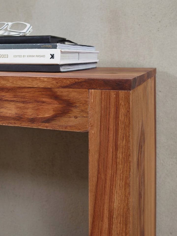 Maßzeichnung Konsolentische Sheesham Massivholz natur mit Bemaßung 40x115x75 cm Höhe Breite Tiefe und Detailangaben zur Produktgeometrie_