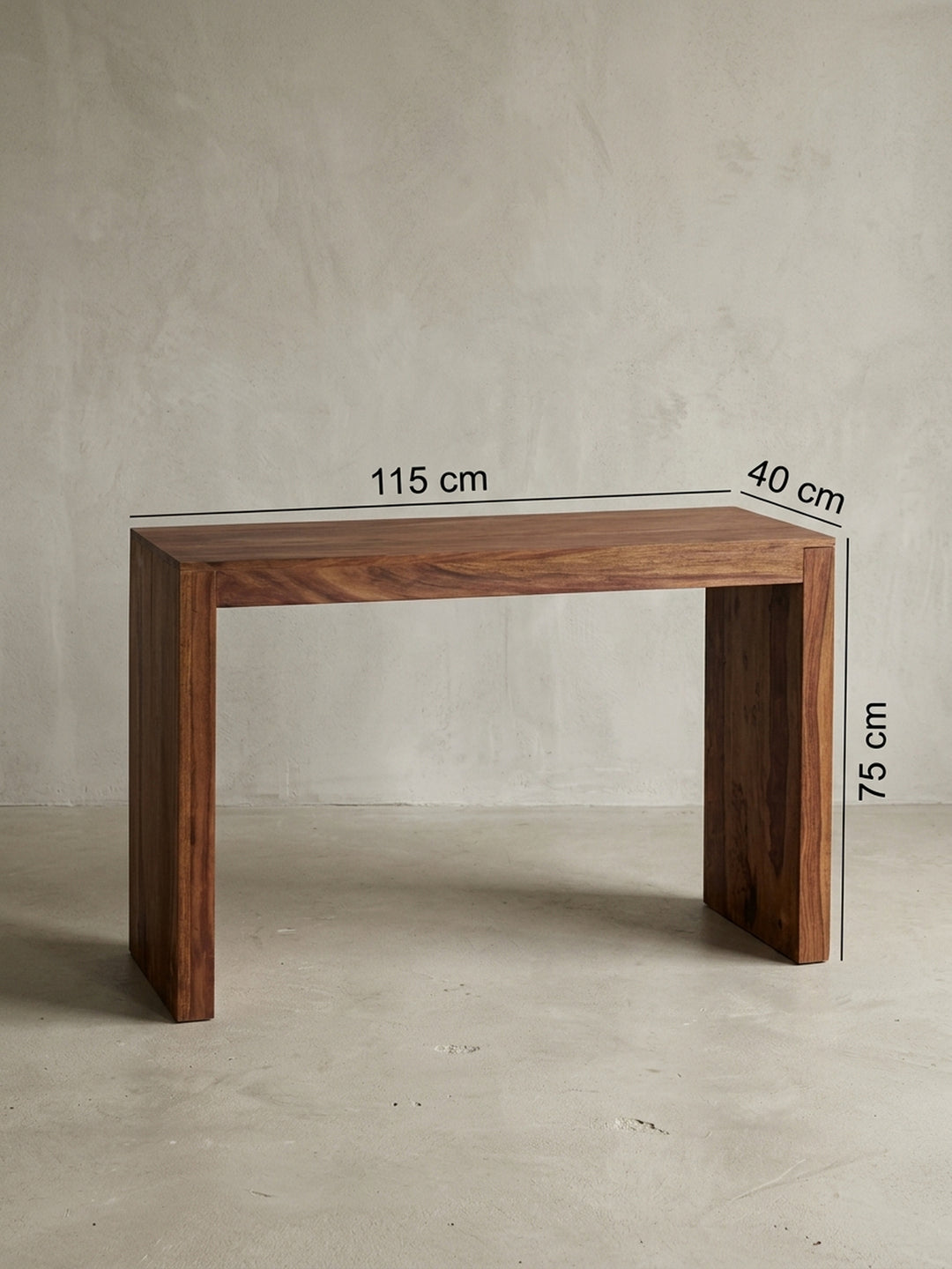 Detailansicht Konsolentische aus warmem Sheesham-Massivholz mit markanter Maserung zeigt Verarbeitung und Materialqualität mit Ablagefach 40x115x75 cm_