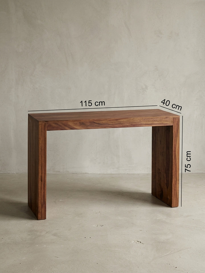 Detailansicht Konsolentische aus warmem Sheesham-Massivholz mit markanter Maserung zeigt Verarbeitung und Materialqualität mit Ablagefach 40x115x75 cm_