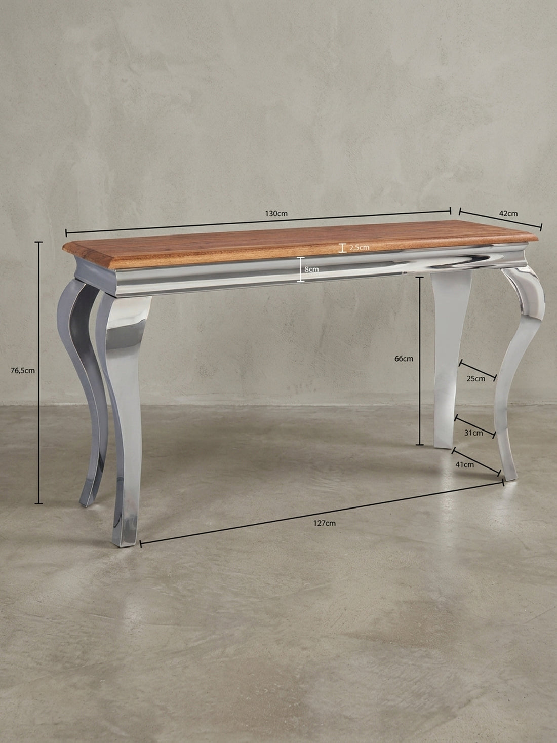 Maßzeichnung Konsolentisch – Massivholz, 130 cm breit, silberne Beine, 2,5 cm Plattendicke