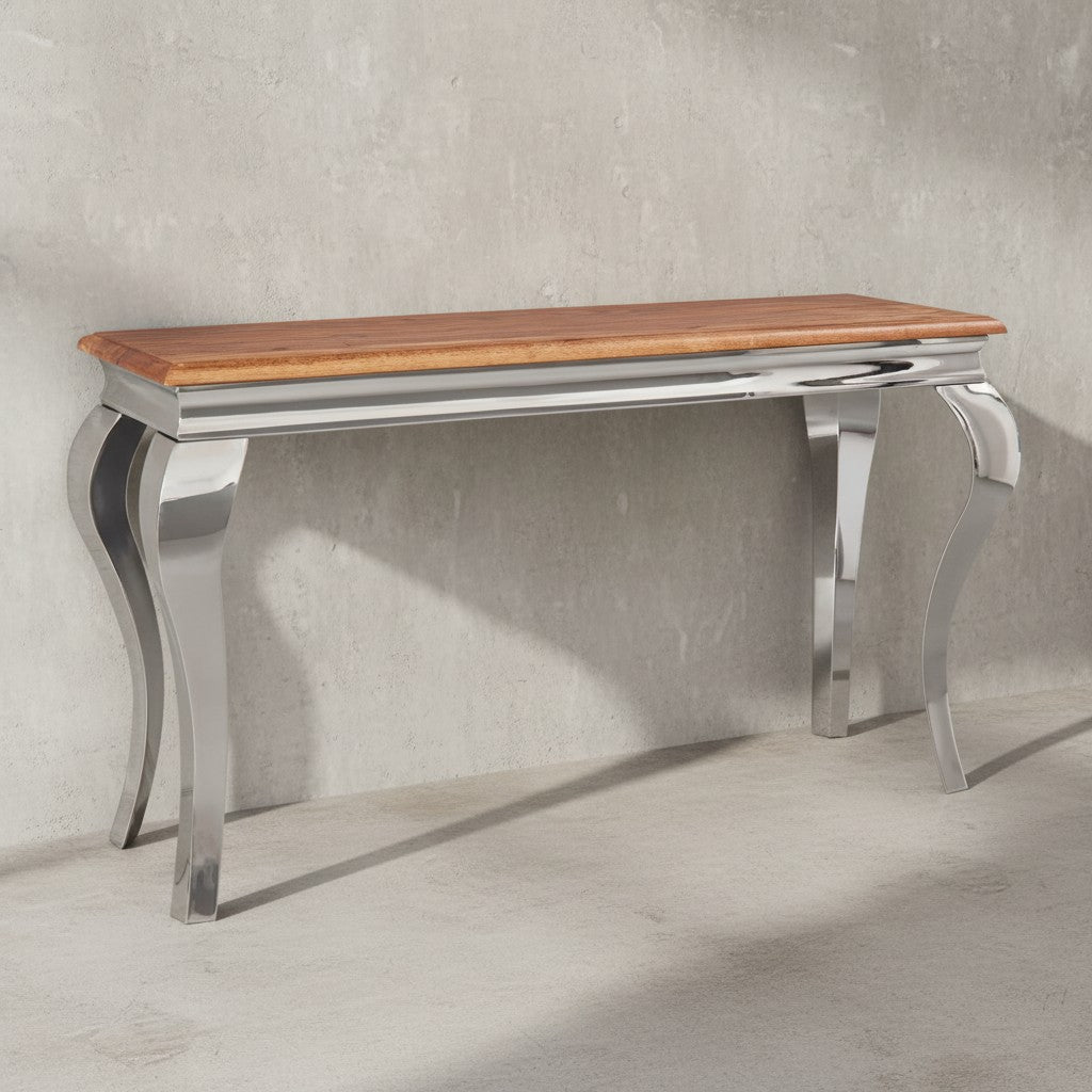 Massivholz Konsolentisch_ 130 cm breit_ Sheesham Holz_ Silberbeine_ 2_5 cm Tischplattendicke_ Filzstreifen - KADIMA DESIGN_Größe_ 130x42x76 cm_