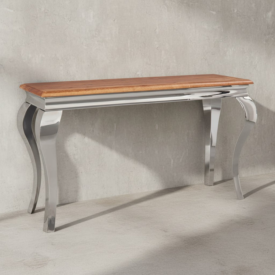 Massivholz Konsolentisch_ 130 cm breit_ Sheesham Holz_ Silberbeine_ 2_5 cm Tischplattendicke_ Filzstreifen - KADIMA DESIGN_Größe_ 130x42x76 cm_