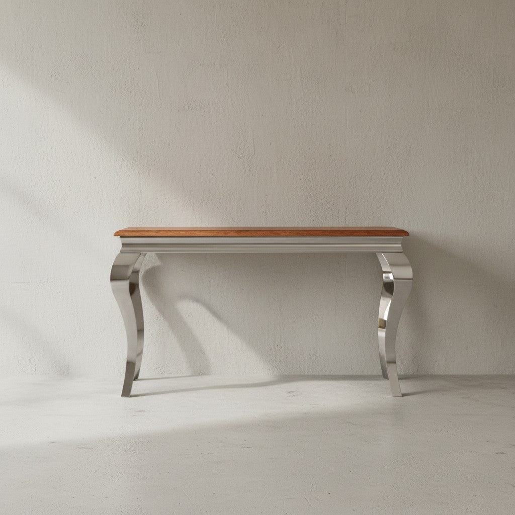 Massivholz Konsolentisch_ 130 cm breit_ Sheesham Holz_ Silberbeine_ 2_5 cm Tischplattendicke_ Filzstreifen - KADIMA DESIGN_Größe_ 130x42x76 cm_
