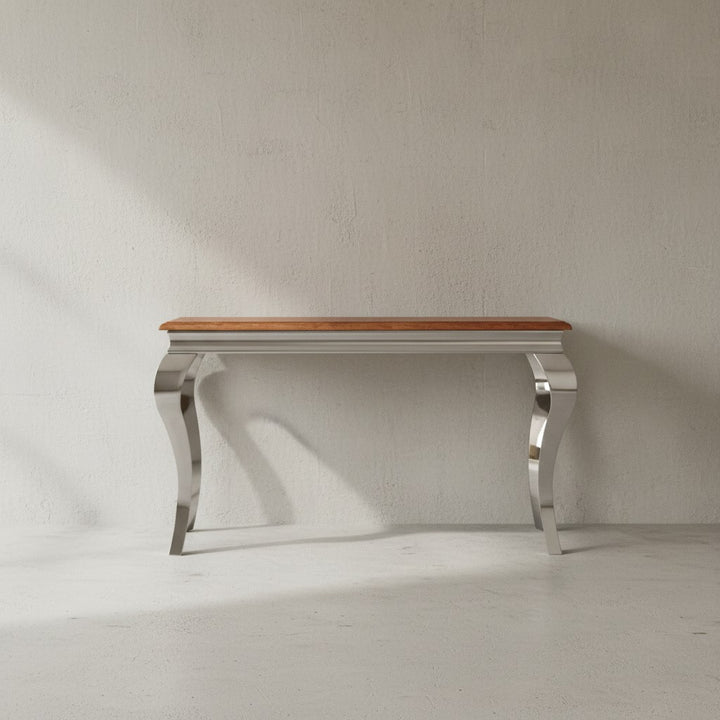 Massivholz Konsolentisch_ 130 cm breit_ Sheesham Holz_ Silberbeine_ 2_5 cm Tischplattendicke_ Filzstreifen - KADIMA DESIGN_Größe_ 130x42x76 cm_