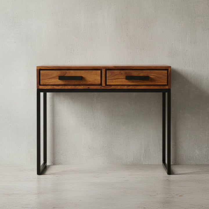 Massiver Sheeshamholz Konsolentisch mit schwarzen Metallbeinen_ Industrial Style_ geräumige Schubladen - KADIMA DESIGN_Größe_ 90x36x77 cm_