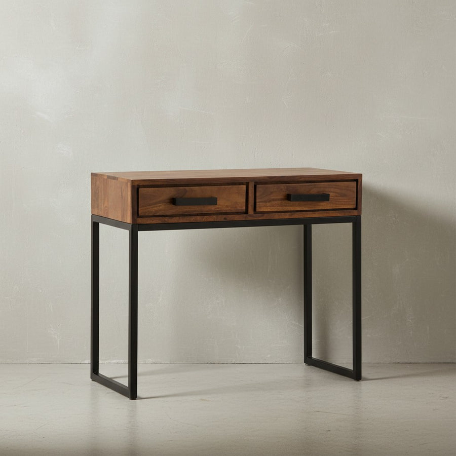 Massiver Sheeshamholz Konsolentisch mit schwarzen Metallbeinen_ Industrial Style_ geräumige Schubladen - KADIMA DESIGN_Größe_ 90x36x77 cm_
