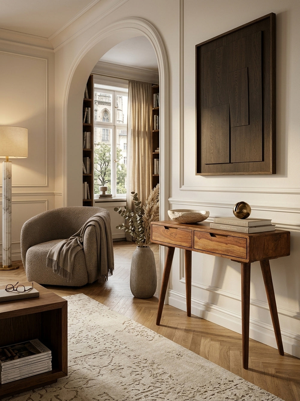 Eleganter Konsolentisch aus Sheeshamholz massiv in einem luxuriösen Flur. Der 90x76x36cm große Flurtisch mit warmem Holzton steht auf hellem Parkett, dekoriert mit Kunst und Keramik._