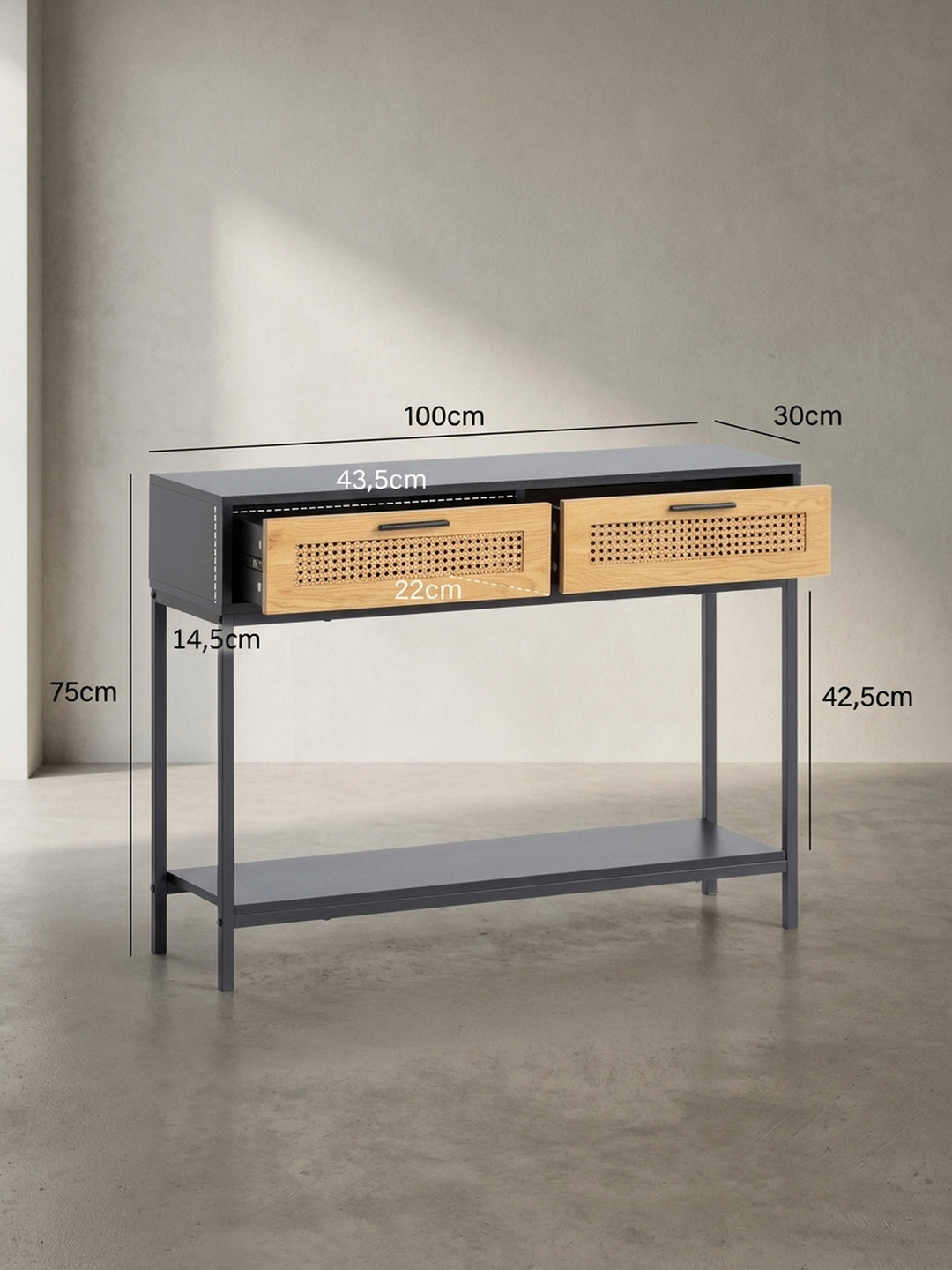 Konsolentisch mit genauen Maßen: Höhe 75 cm, Breite 100 cm, Tiefe 30 cm, ideal für die Planung schmaler Eingangsbereiche._