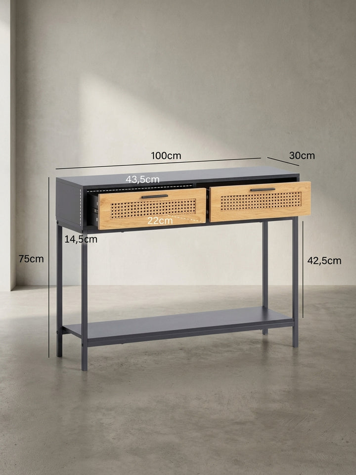 Konsolentisch mit genauen Maßen: Höhe 75 cm, Breite 100 cm, Tiefe 30 cm, ideal für die Planung schmaler Eingangsbereiche._
