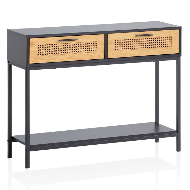 Konsolentisch – Schwarz, 100x30x75 cm, mit Wiener Geflecht, Schubladen und Ablage