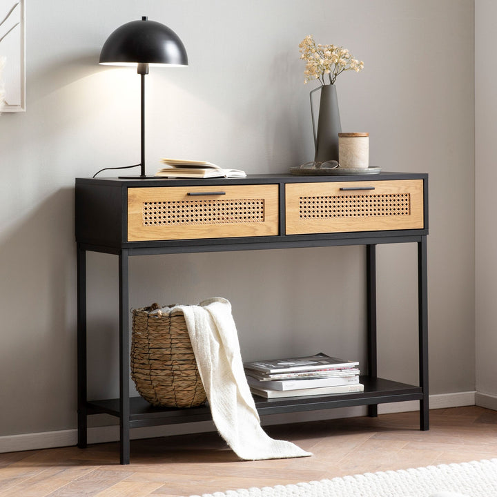 Konsolentisch – Schwarz, 100x30x75 cm, mit Wiener Geflecht, Schubladen und Ablage