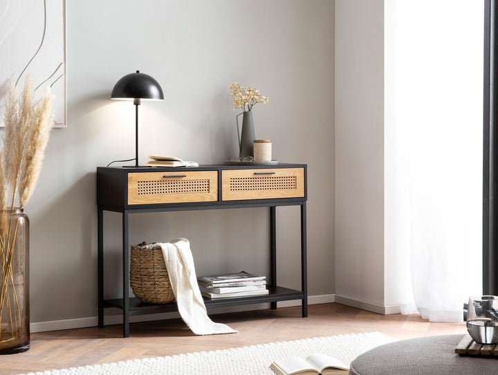 Konsolentisch – Schwarz, 100x30x75 cm, mit Wiener Geflecht, Schubladen und Ablage