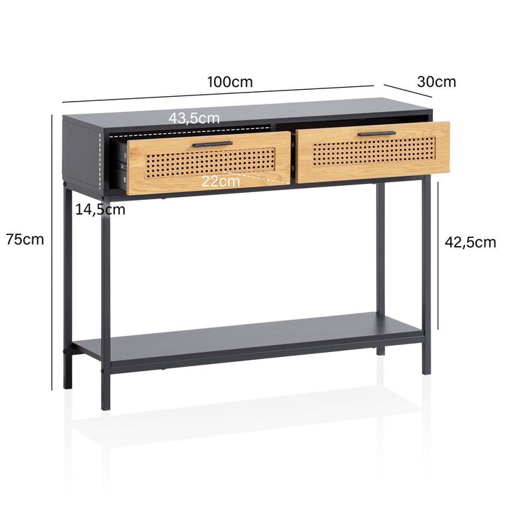 Konsolentisch – Schwarz, 100x30x75 cm, mit Wiener Geflecht, Schubladen und Ablage