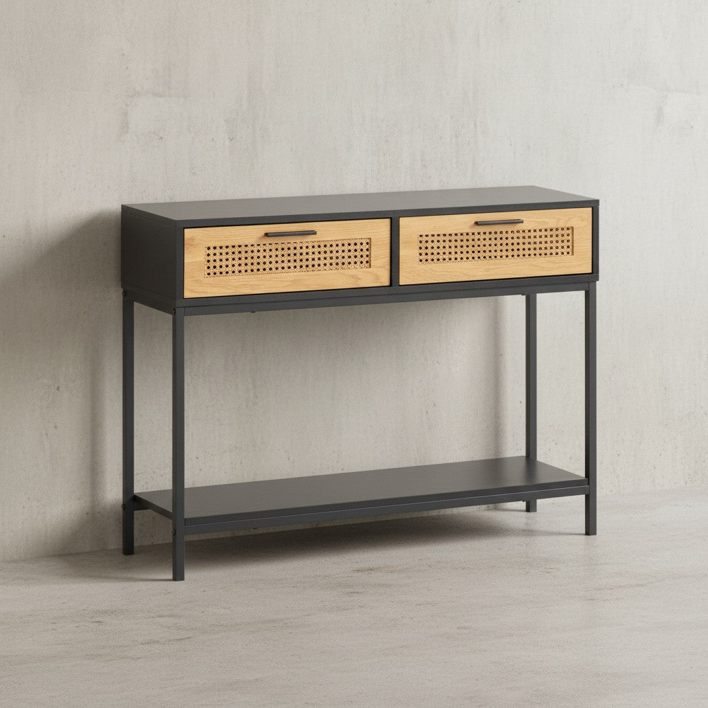 Konsolentisch Schwarz 100x30x75 cm Design Anrichte Flur - Ablagetisch Schmal mit Wiener Geflecht - Flurtisch mit Schubladen und Ablage - Dielentisch Lang Hoch Rattan_