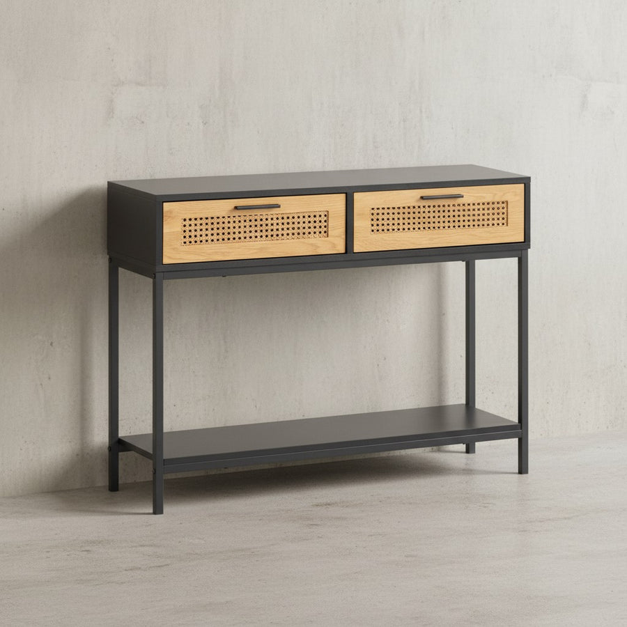 Konsolentisch Schwarz 100x30x75 cm Design Anrichte Flur - Ablagetisch Schmal mit Wiener Geflecht - Flurtisch mit Schubladen und Ablage - Dielentisch Lang Hoch Rattan_