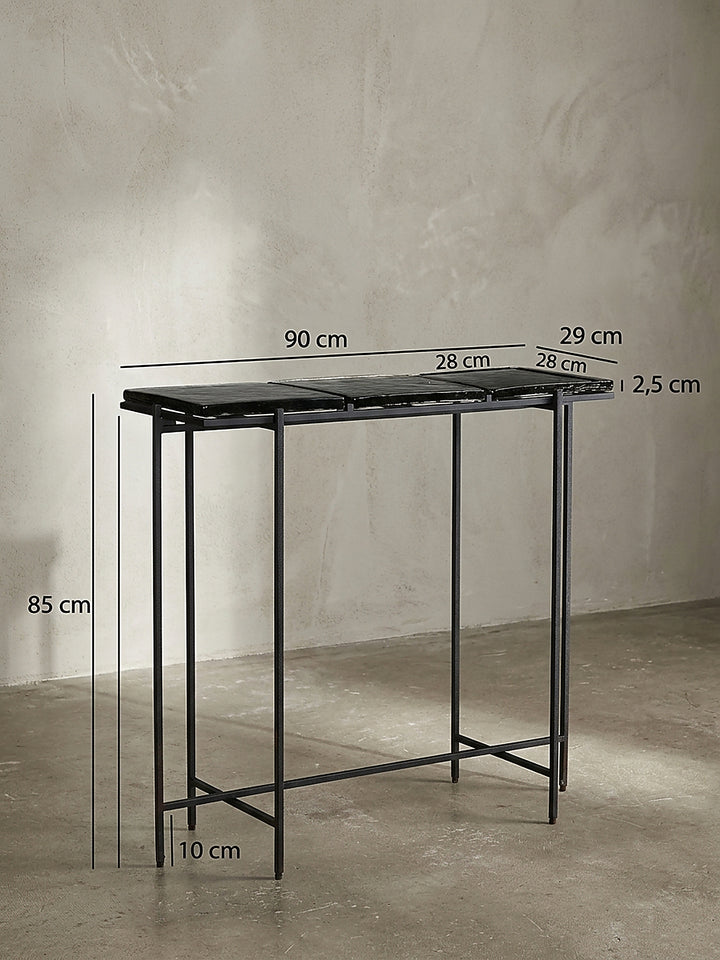 Technische Zeichnung des schwarzen Konsolentisches mit den genauen Maßen 90x29x85 cm und der Glasstärke von 2,5 cm._