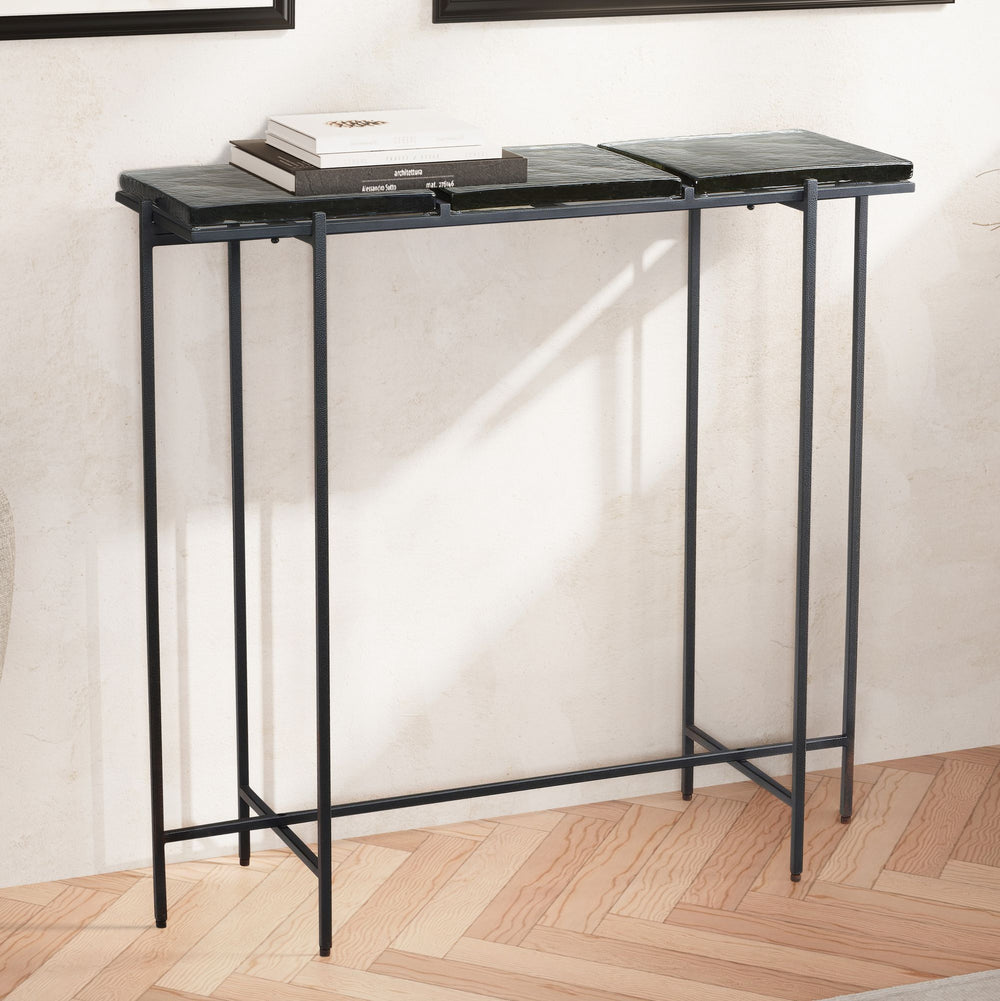Konsolentisch Schwarz 90x29x85 cm Design Anrichte Glas Flur - Ablagetisch mit Metallgestell Schmal Modern - Flurtisch mit abnehmbaren Tischplatten - Dielentisch Lang Hoch_