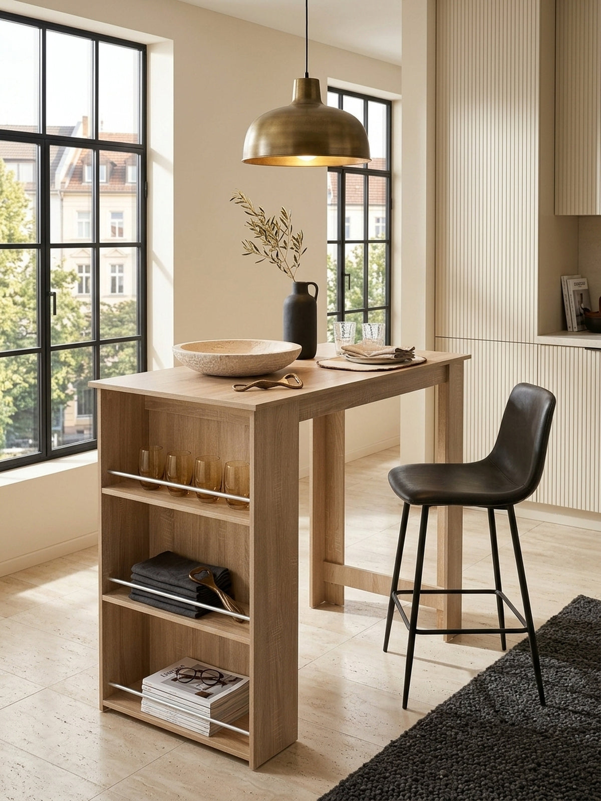 Draufsicht auf den Stehtisch mit Holzdekor in einer modernen Esszimmer-Umgebung. Die rechteckige 120x60cm Tischplatte grenzt an hochwertige architektonische Linien und Steinböden.