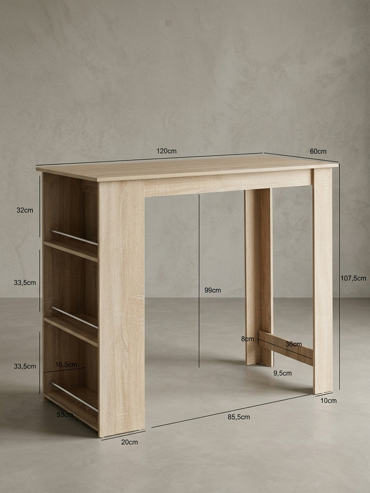 Detailansicht der Rückseite des Tresens in heller Eichenoptik. Die saubere Verarbeitung der Kanten und die feste Verbindung zwischen Tischplatte und Regalmodul stehen hier im Fokus._