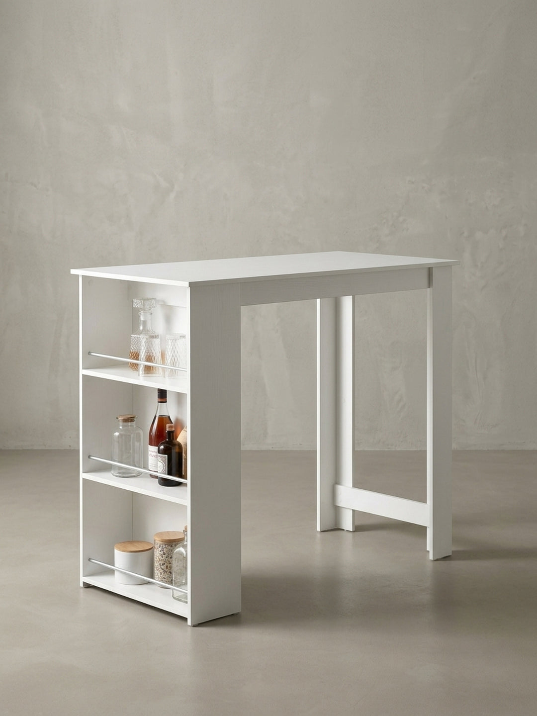 Rückansicht des minimalistischen Stehtisches in Weiß. Die solide Verarbeitung der melaminbeschichteten Holzelemente und die fugenlose Tischkante unterstreichen die Qualität._
