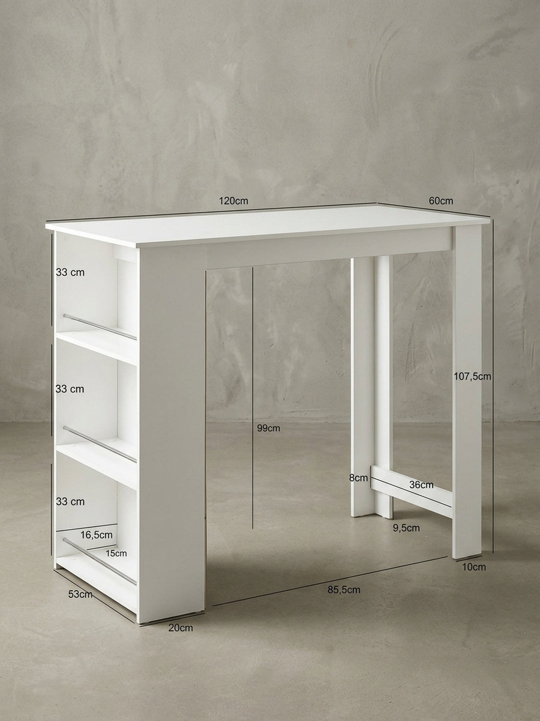 Profilansicht des weißen Bartresens, die das kompakte Design mit 60cm Tiefe betont. Die stabilen Wangenfüße und das offene Seitenregal mit Alustreben sorgen für festen Stand._