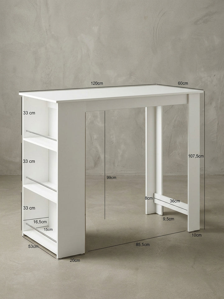 Profilansicht des weißen Bartresens, die das kompakte Design mit 60cm Tiefe betont. Die stabilen Wangenfüße und das offene Seitenregal mit Alustreben sorgen für festen Stand._