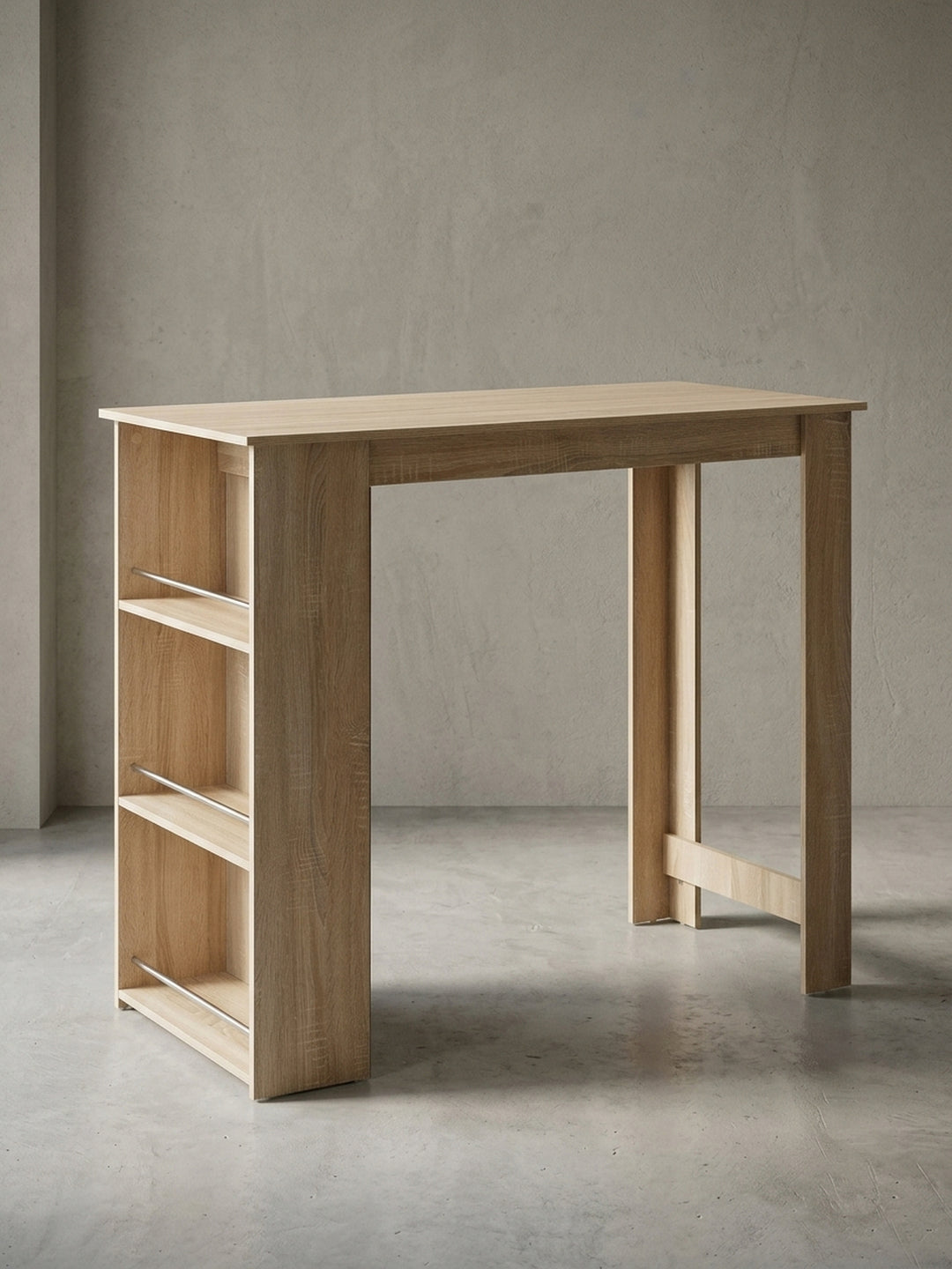 Freistehender Bartisch Sonoma Eiche mit integriertem Regal vor weißem Hintergrund. Die klare Linienführung und das asymmetrische Design mit drei Fächern zeigen moderne Funktionalität._