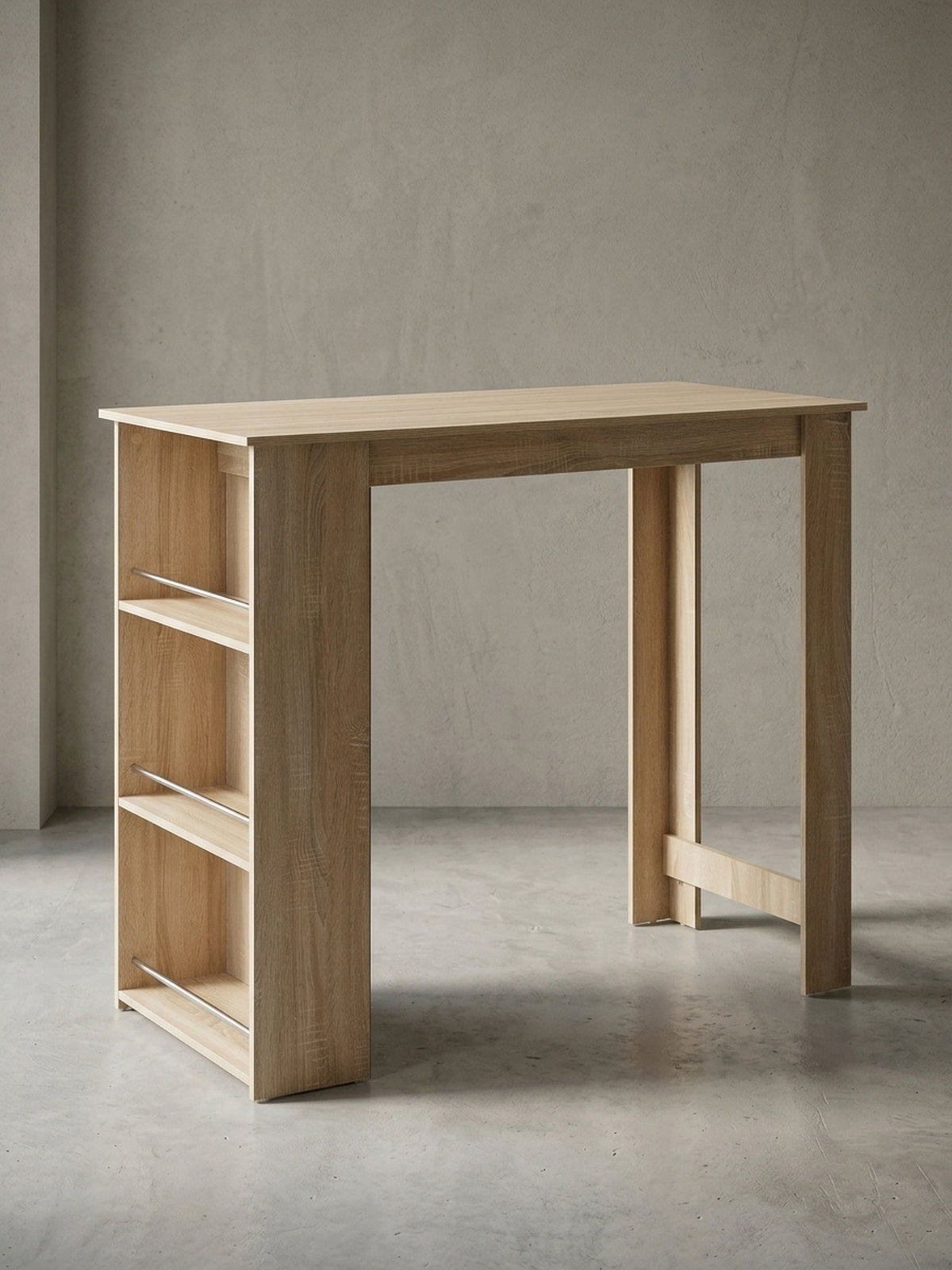 Freistehender Bartisch Sonoma Eiche mit integriertem Regal vor weißem Hintergrund. Die klare Linienführung und das asymmetrische Design mit drei Fächern zeigen moderne Funktionalität._