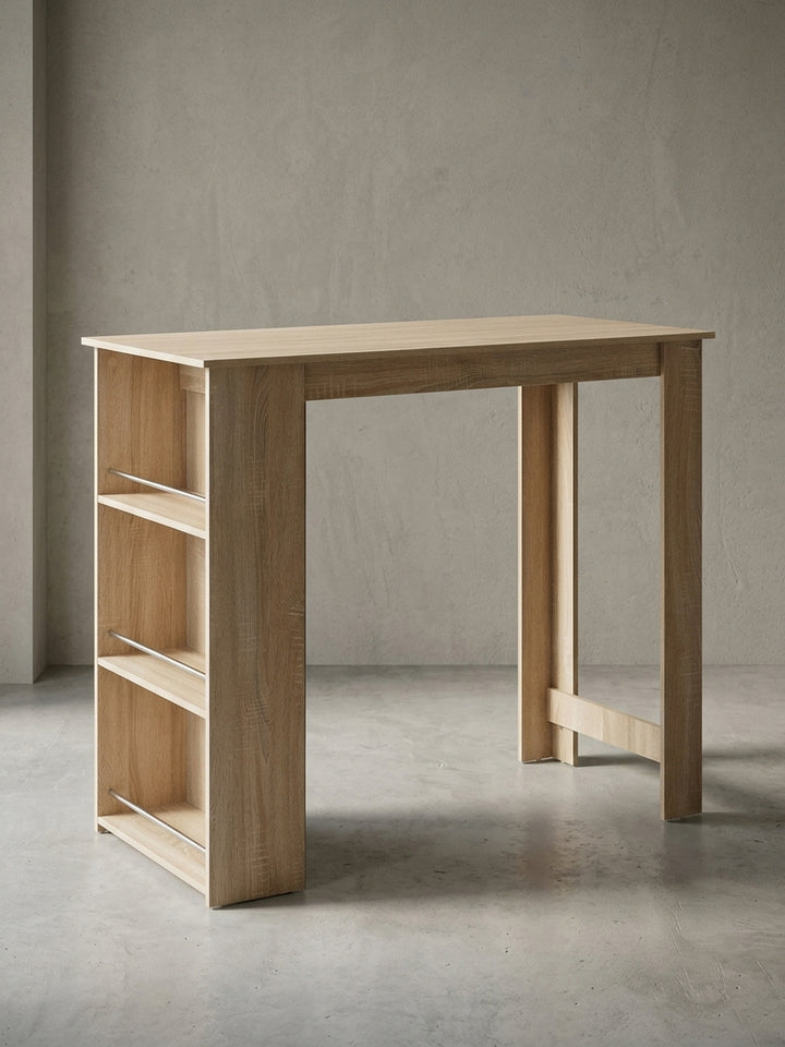 Freistehender Bartisch Sonoma Eiche mit integriertem Regal vor weißem Hintergrund. Die klare Linienführung und das asymmetrische Design mit drei Fächern zeigen moderne Funktionalität._