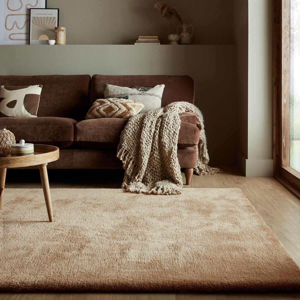Hochflor Teppich waschbar Unifarben - Schlafzimmer_Mokka_Rechteckig_