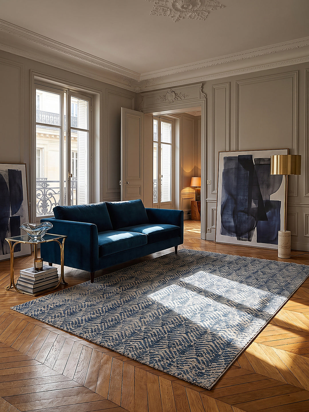 Teppich Natur-Blau rechteckig im modernen Wohnzimmer_