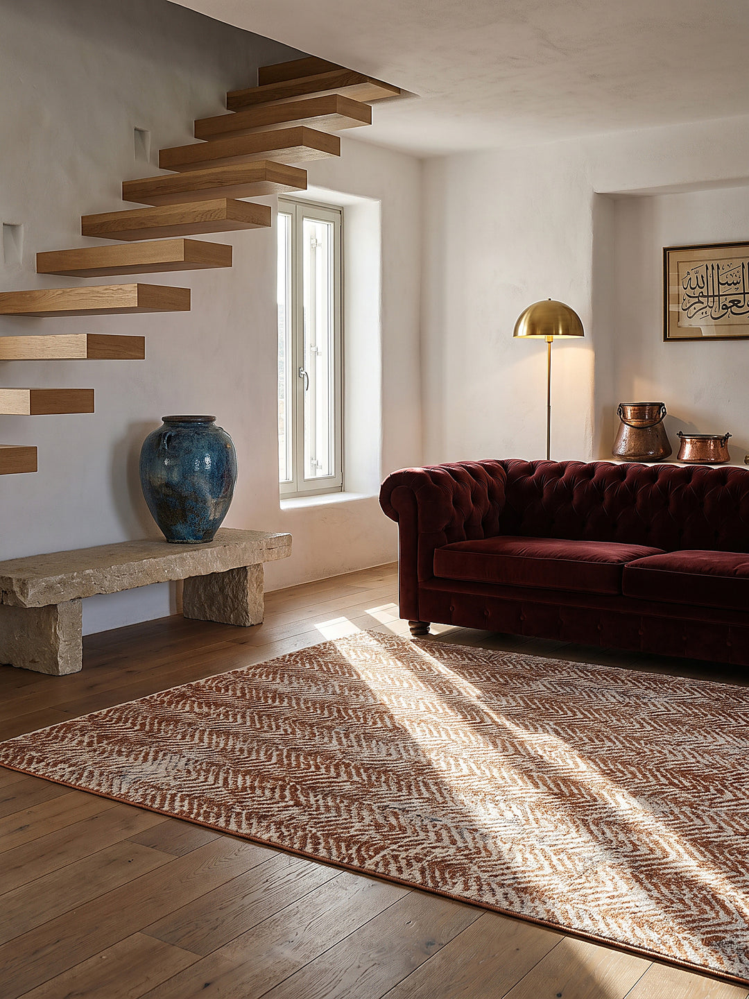 Teppich Natur-Terrakotta rechteckig im modernen Wohnzimmer_