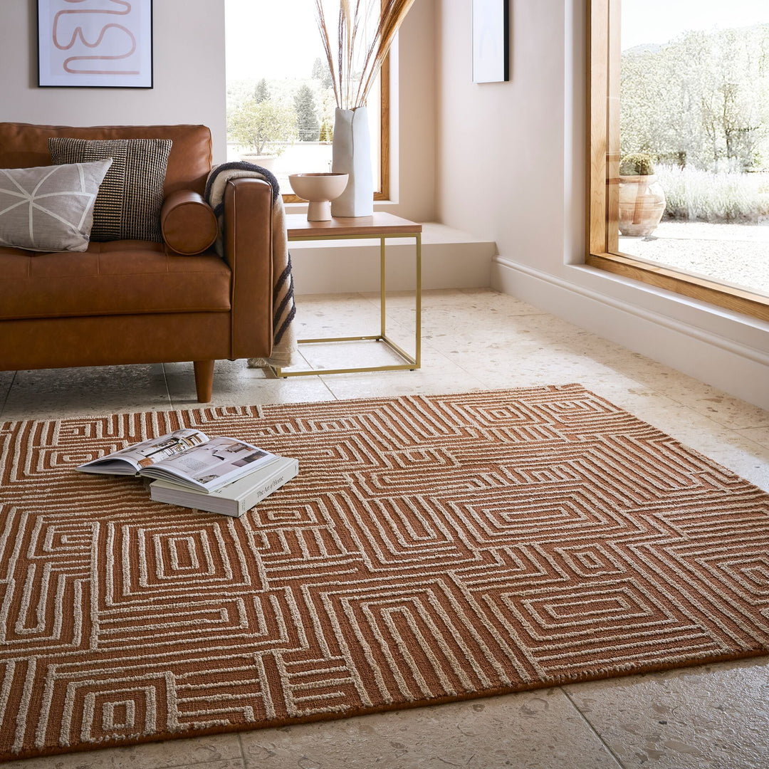 Teppich Kurzflor Labyrinth Muster - Geometrisch - Wohnzimmer_Terrakotta_Rechteckig_