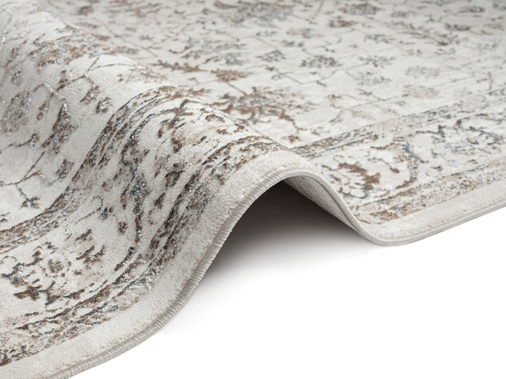 Kurzflor Teppich Creme orientalisch aus Polyester für Wohnzimmer Schlafzimmer und Flur KAVALA Serie_