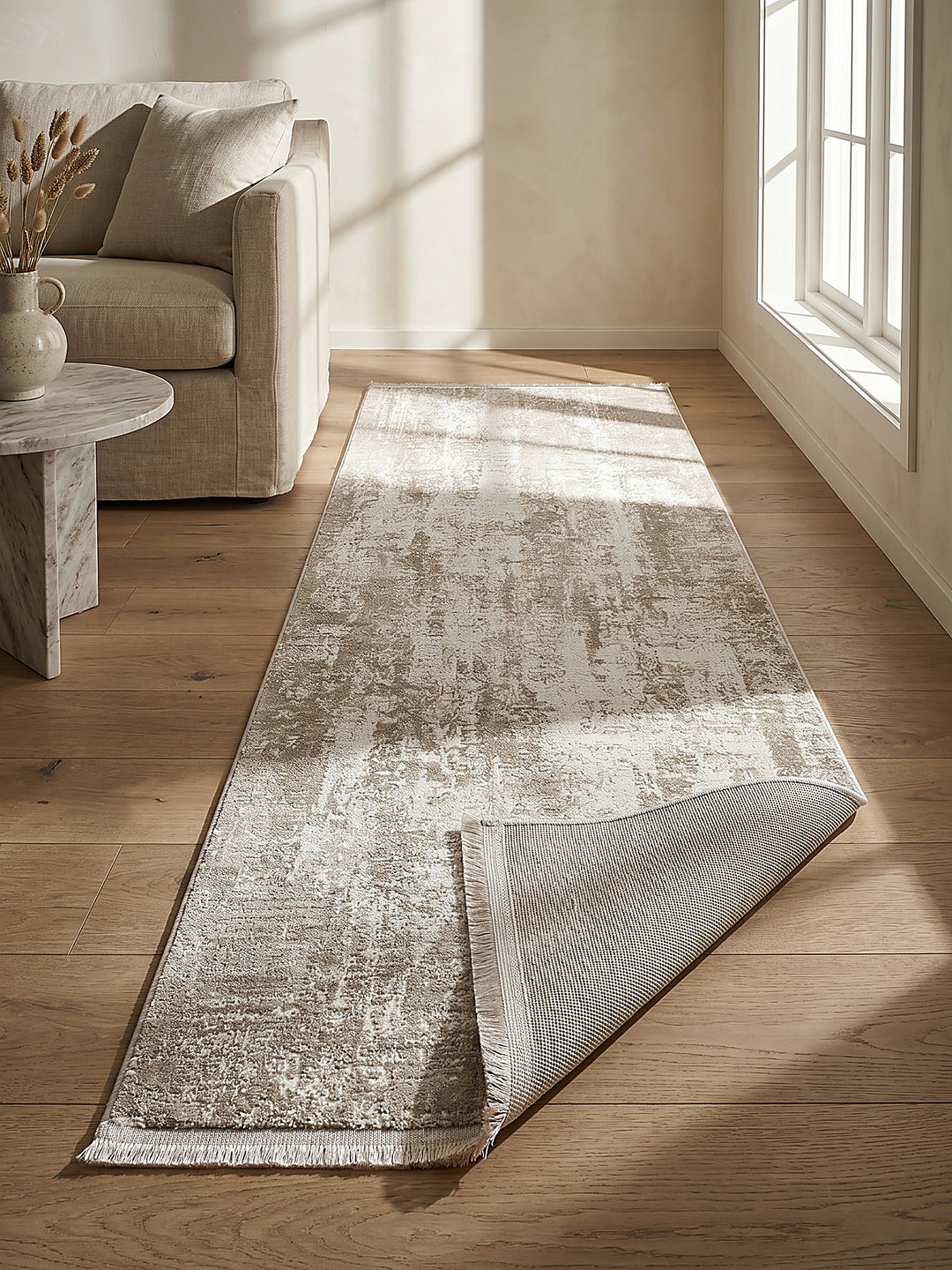 Teppich Beige Kante Verarbeitung_